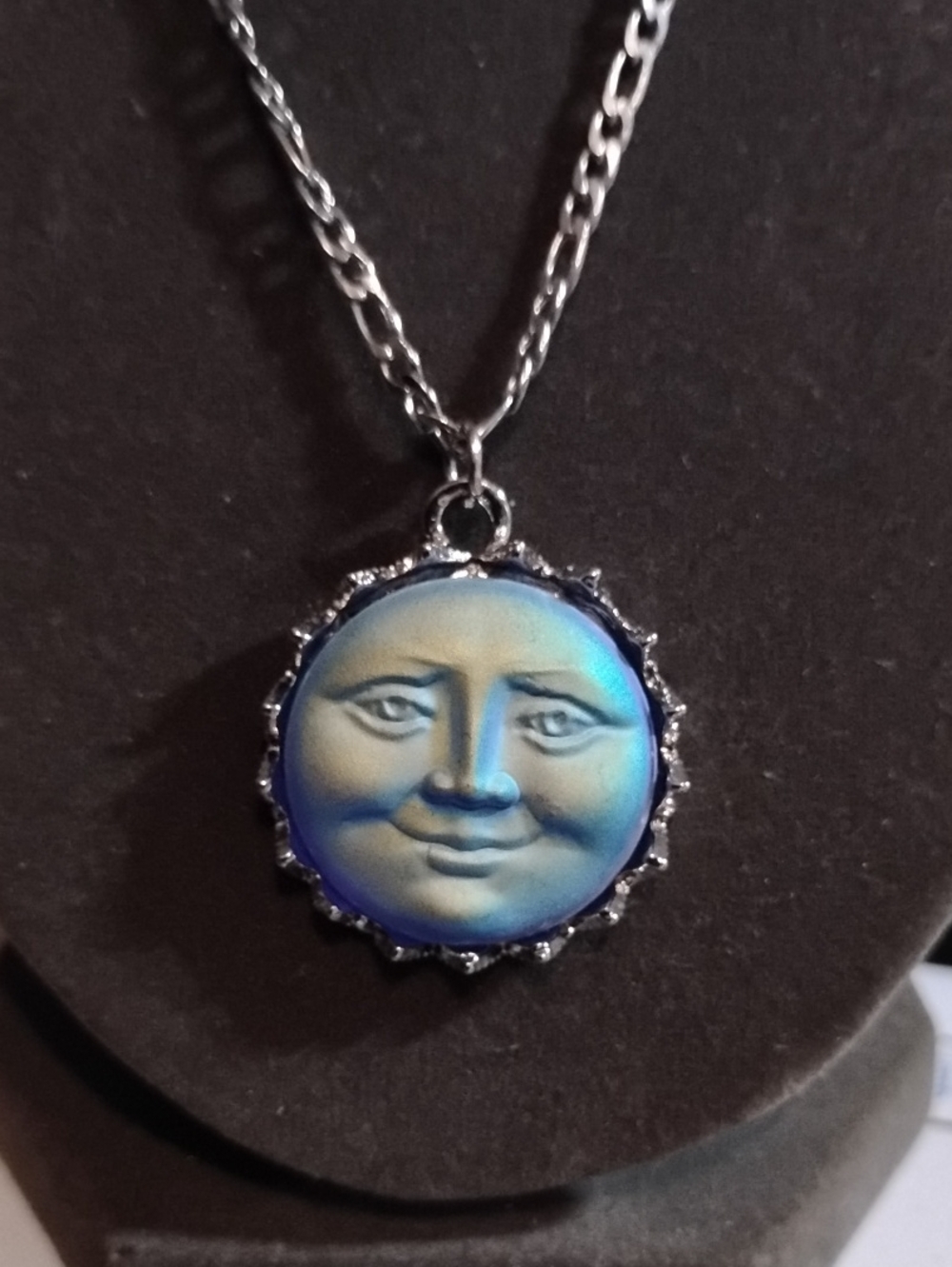 Blue Moon Face Pendant 17" Stainless Steel Necklace Women Fashion Jewelry